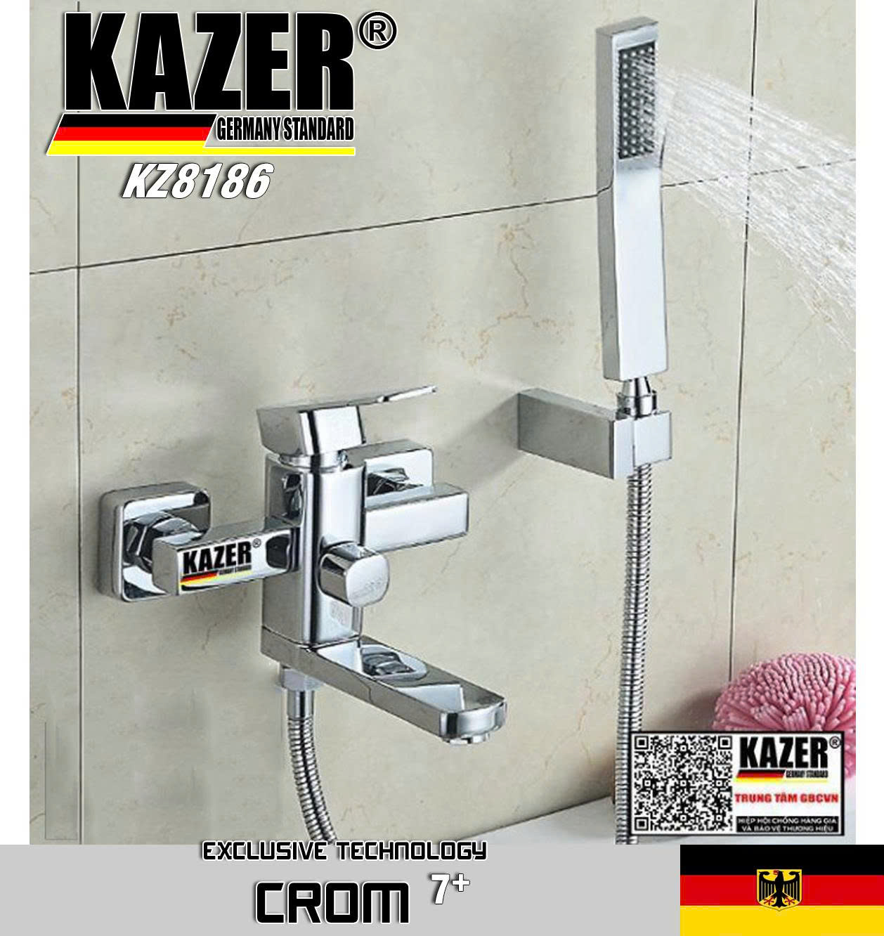 KZ8186 – VÒI SEN TẮM NÓNG LẠNH ĐỒNG THAU MẠ CROM 7+ KAZER