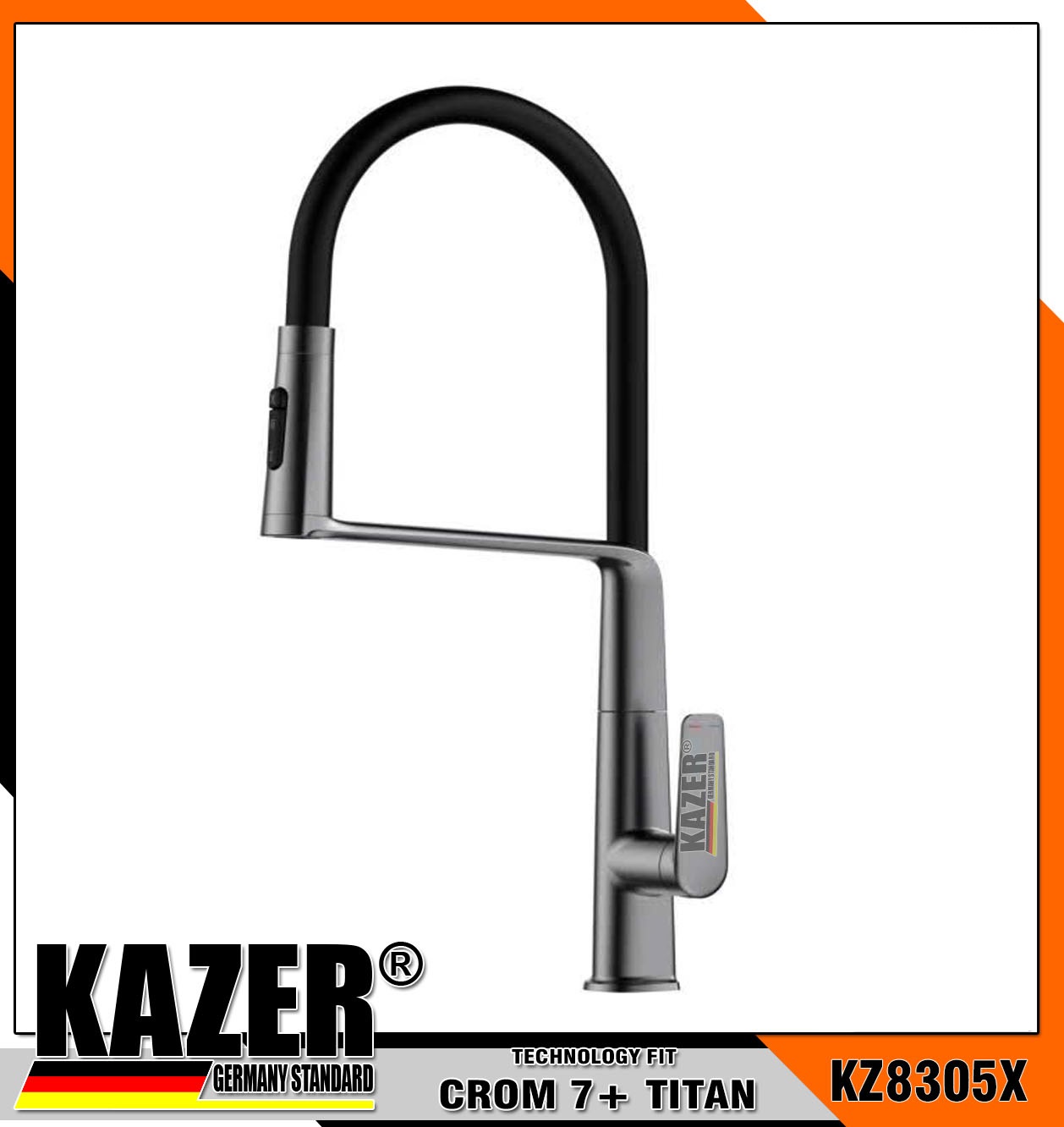 KZ8305X, VÒI RỬA CHÉN NÓNG LẠNH ĐỒNG THAU MÀU XÁM TITAN, DÂY RÚT LÒ XO CAO CẤP