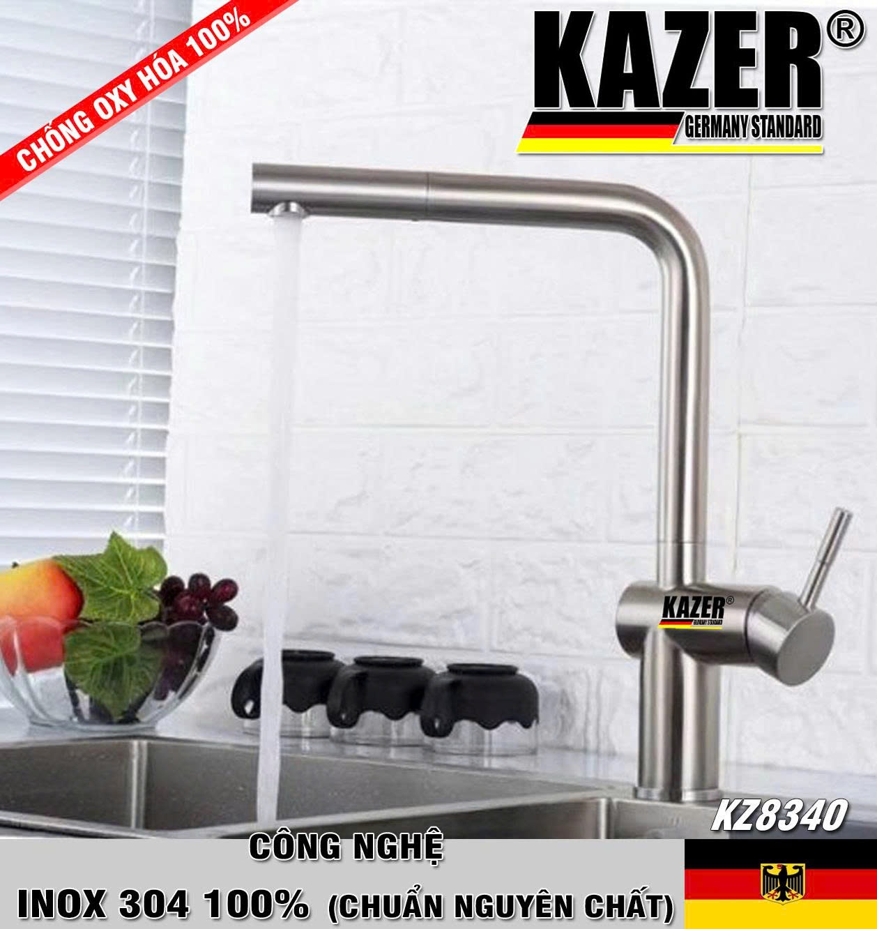 KZ8340 – VÒI RỬA CHÉN NÓNG LẠNH INOX 304 100% CHUẨN NGUYÊN CHẤT KAZER GERMANY , ỐNG XOAY 360 ĐỘ