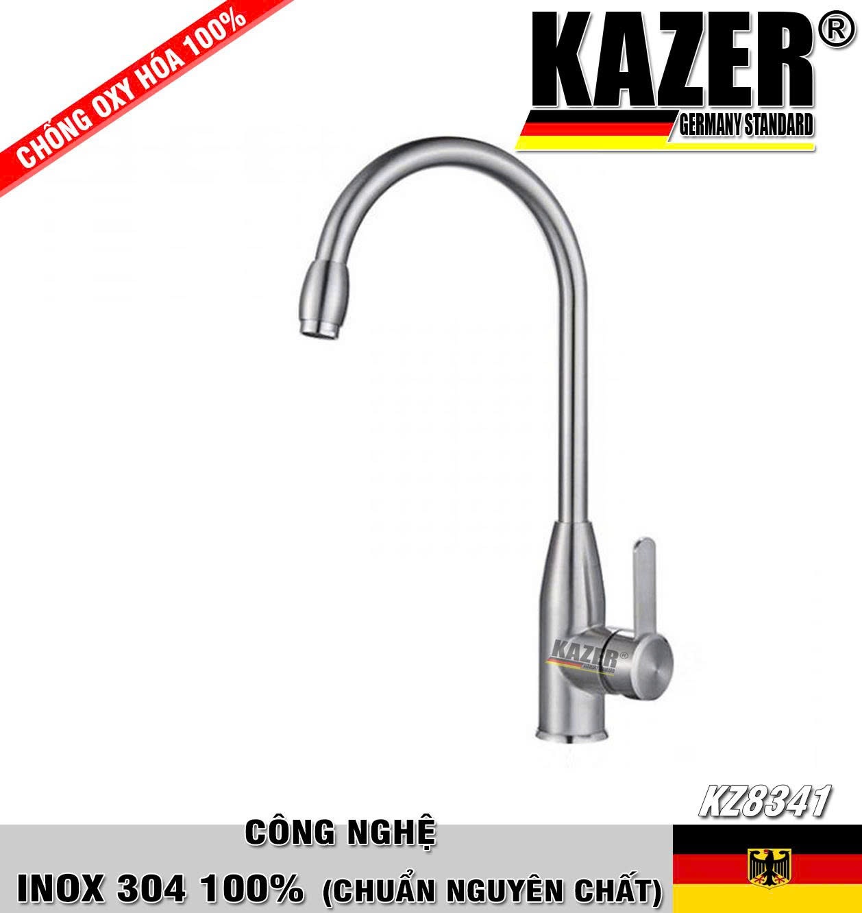 KZ8341 – VÒI RỬA CHÉN NÓNG LẠNH INOX 304 100% CHUẨN NGUYÊN CHẤT KAZER GERMANY , ỐNG XOAY 360 ĐỘ