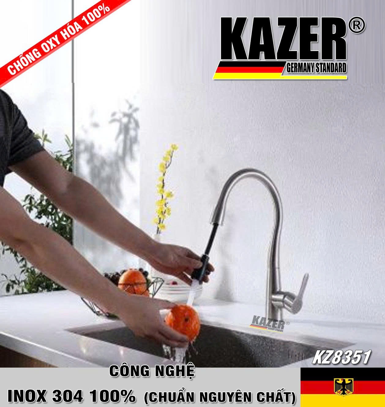 KZ8351 – VÒI RỬA CHÉN NÓNG LẠNH INOX 304 100% CHUẨN NGUYÊN CHẤT KAZER GERMANY , MẪU DÂY RÚT