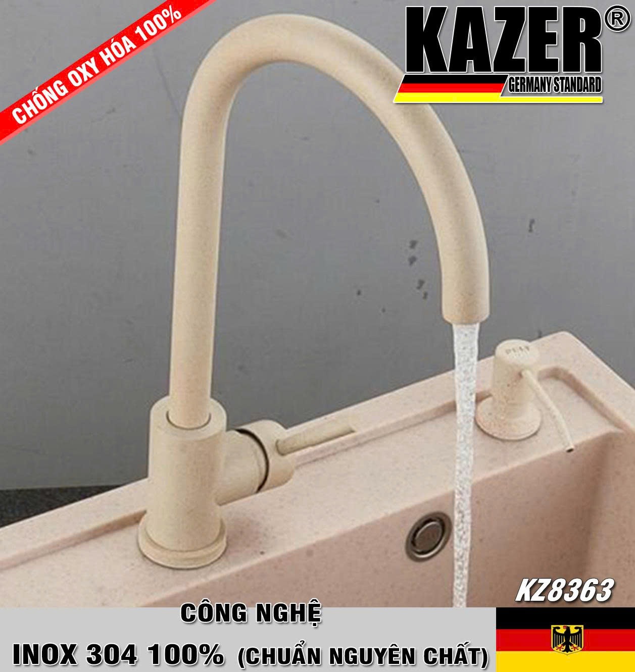 KZ8363 – VÒI RỬA CHÉN NÓNG LẠNH INOX 304 100% CHUẨN NGUYÊN CHẤT KAZER GERMANY, VÂN ĐÁ