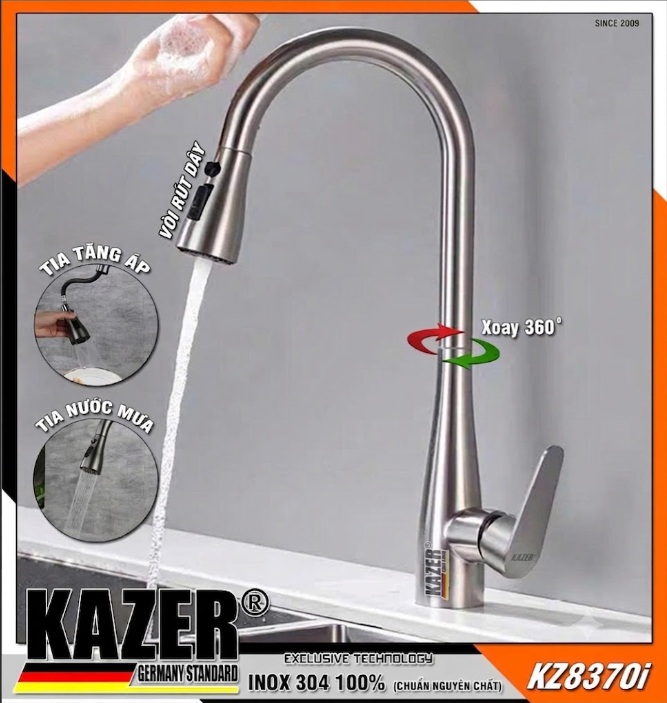 KZ8370i – VÒI RỬA CHÉN NÓNG LẠNH MÀU INOX KAZER GERMANY , MẪU DÂY RÚT