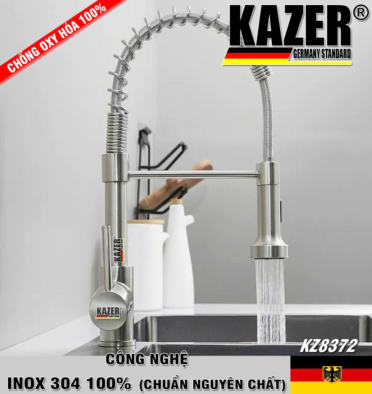 KZ8372 – VÒI RỬA CHÉN NÓNG LẠNH INOX 304 100% CHUẨN NGUYÊN CHẤT KAZER GERMANY