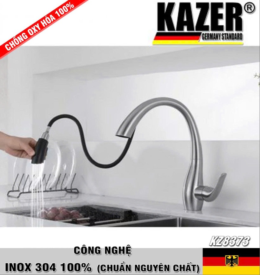 KZ8373 – VÒI RỬA CHÉN NÓNG LẠNH INOX 304 100% CHUẨN NGUYÊN CHẤT KAZER GERMANY , MẪU DÂY RÚT