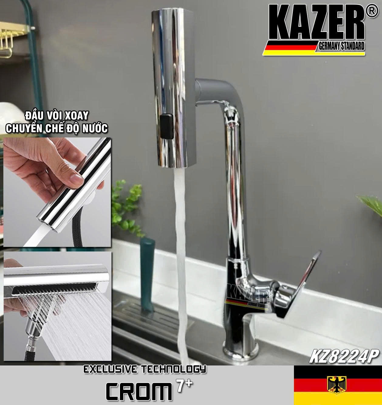 KZ8224P – VÒI RỬA CHÉN LẠNH KAZER MẠ CROM 7+ , ĐẦU XOAY 3 CHỨC NĂNG