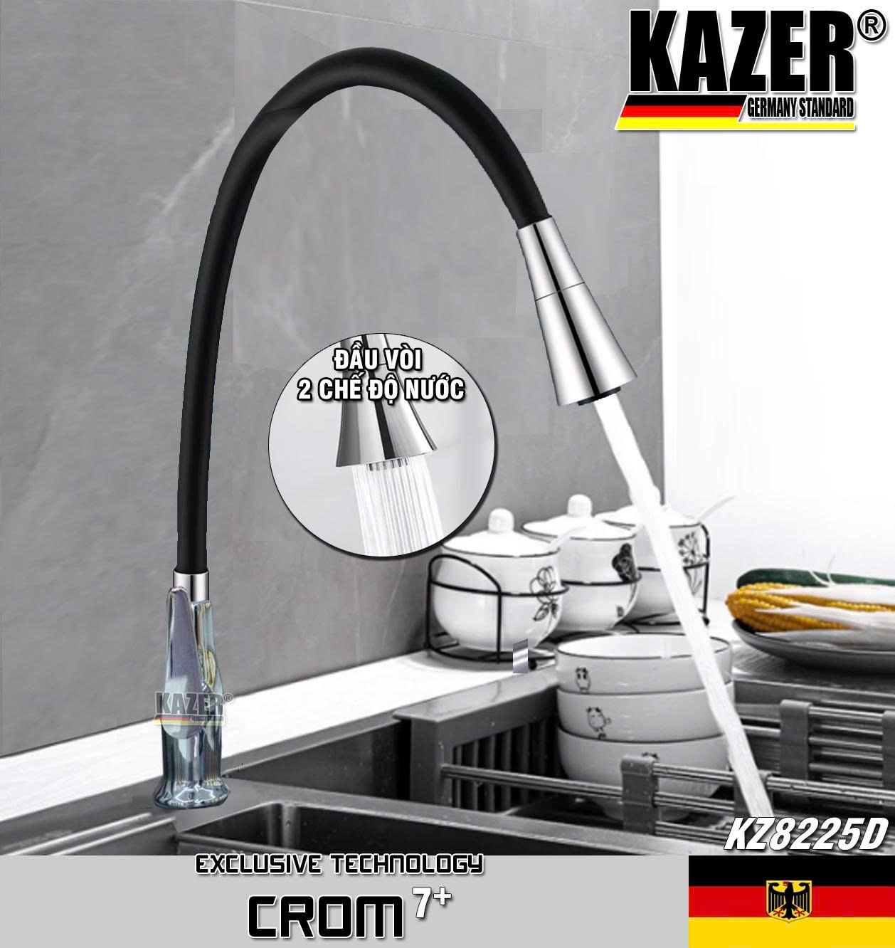 KZ8225D – VÒI CHÉN LẠNH ĐỒNG THAU ỐNG MỀM NHẬP KHẨU KAZER – MẠ CROM 7+ , ĐẦU VÒI 2 CHỨC NĂNG