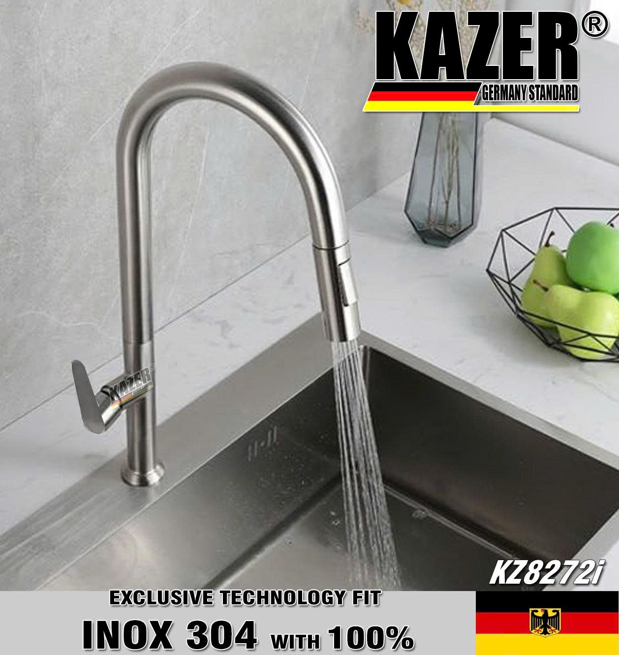 KZ8272I – VÒI RỬA CHÉN LẠNH DÂY RÚT CONG, INOX 304 100% CHUẨN NGUYÊN CHẤT KAZER GERMANY