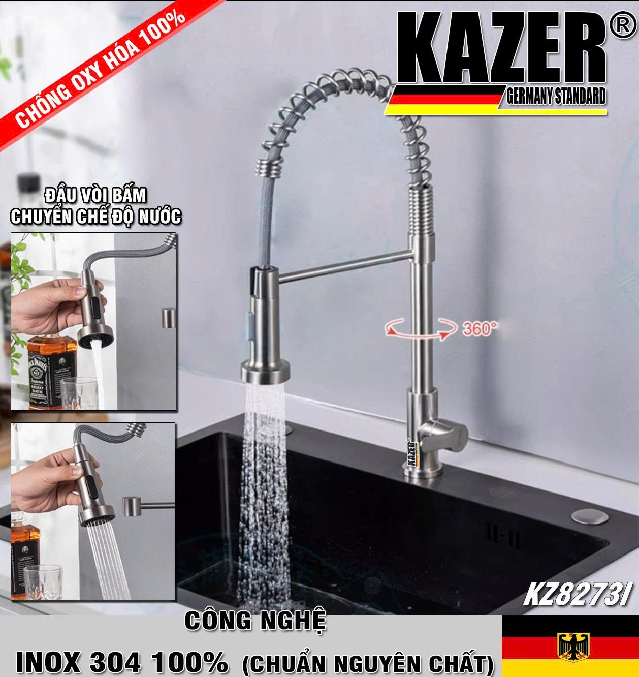 KZ8273I – VÒI RỬA CHÉN LẠNH LÒ XO DÂY RÚT, INOX 304 100% CHUẨN NGUYÊN CHẤT KAZER GERMANY