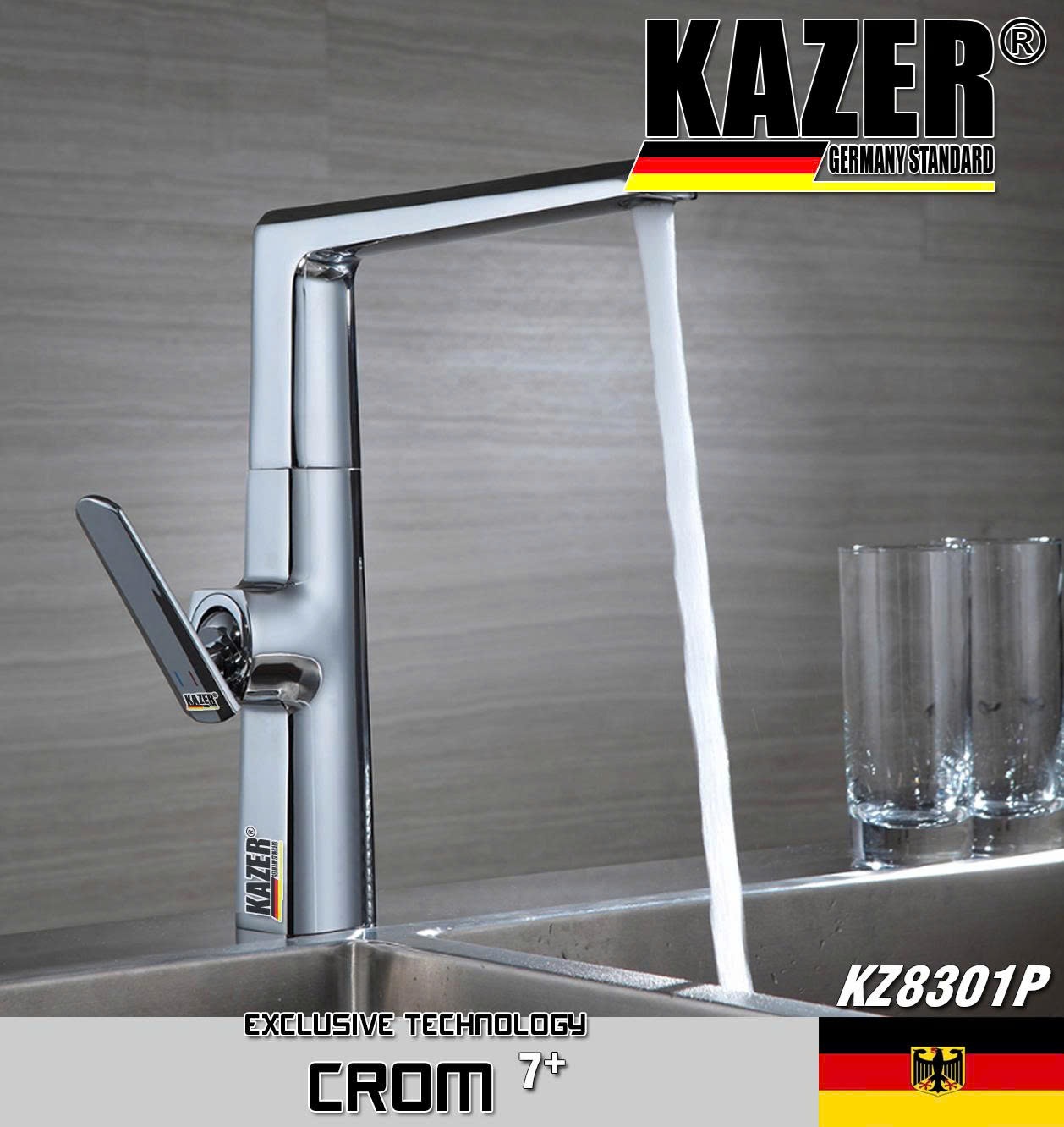 KZ8301P – VÒI RỬA CHÉN NÓNG LẠNH ĐỒNG THAU KAZER GERMANY, MẠ CROM 7+