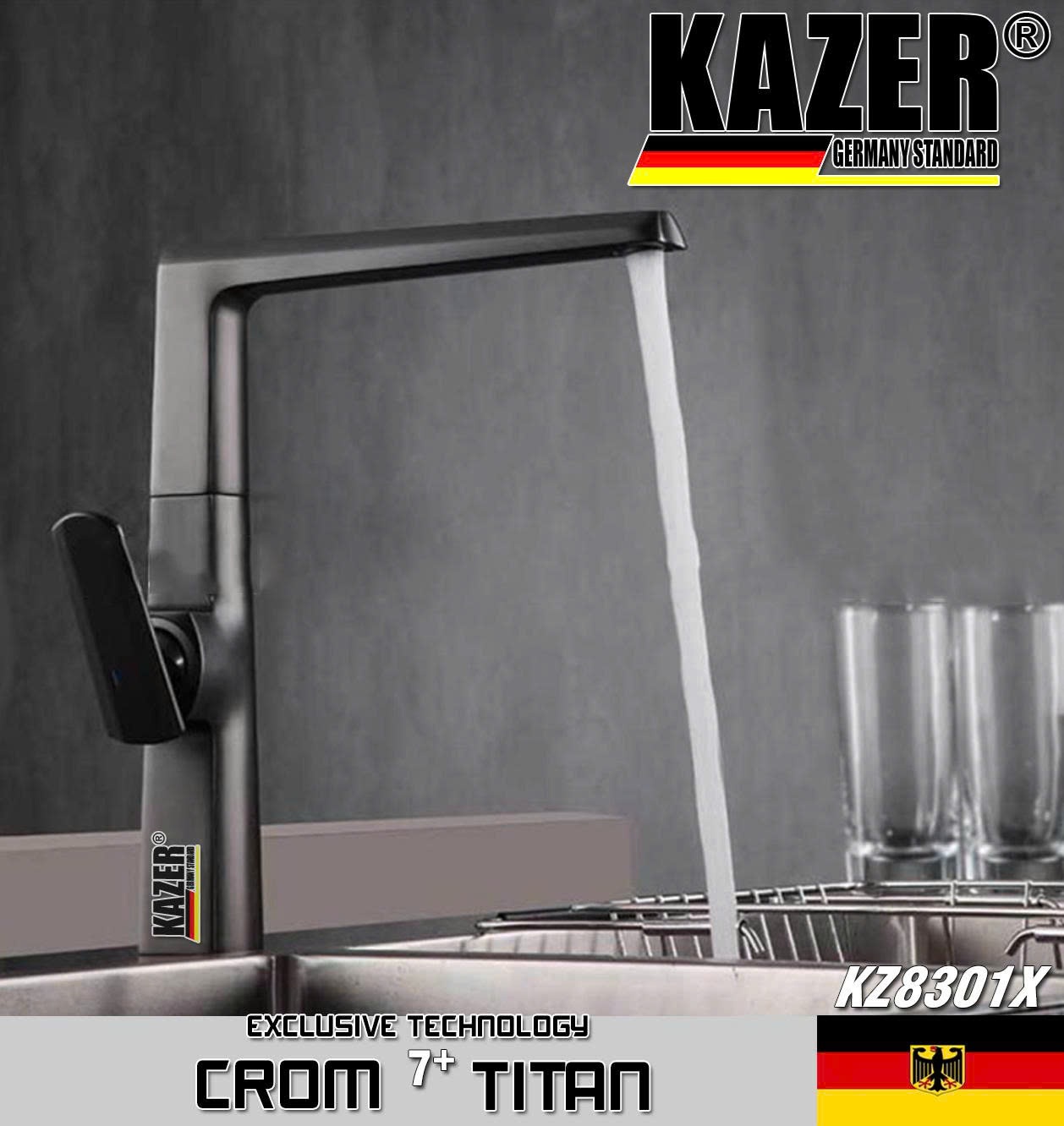 KZ8301X – VÒI RỬA CHÉN NÓNG LẠNH ĐỒNG THAU KAZER GERMANY, MẠ CROM 7+ TITAN