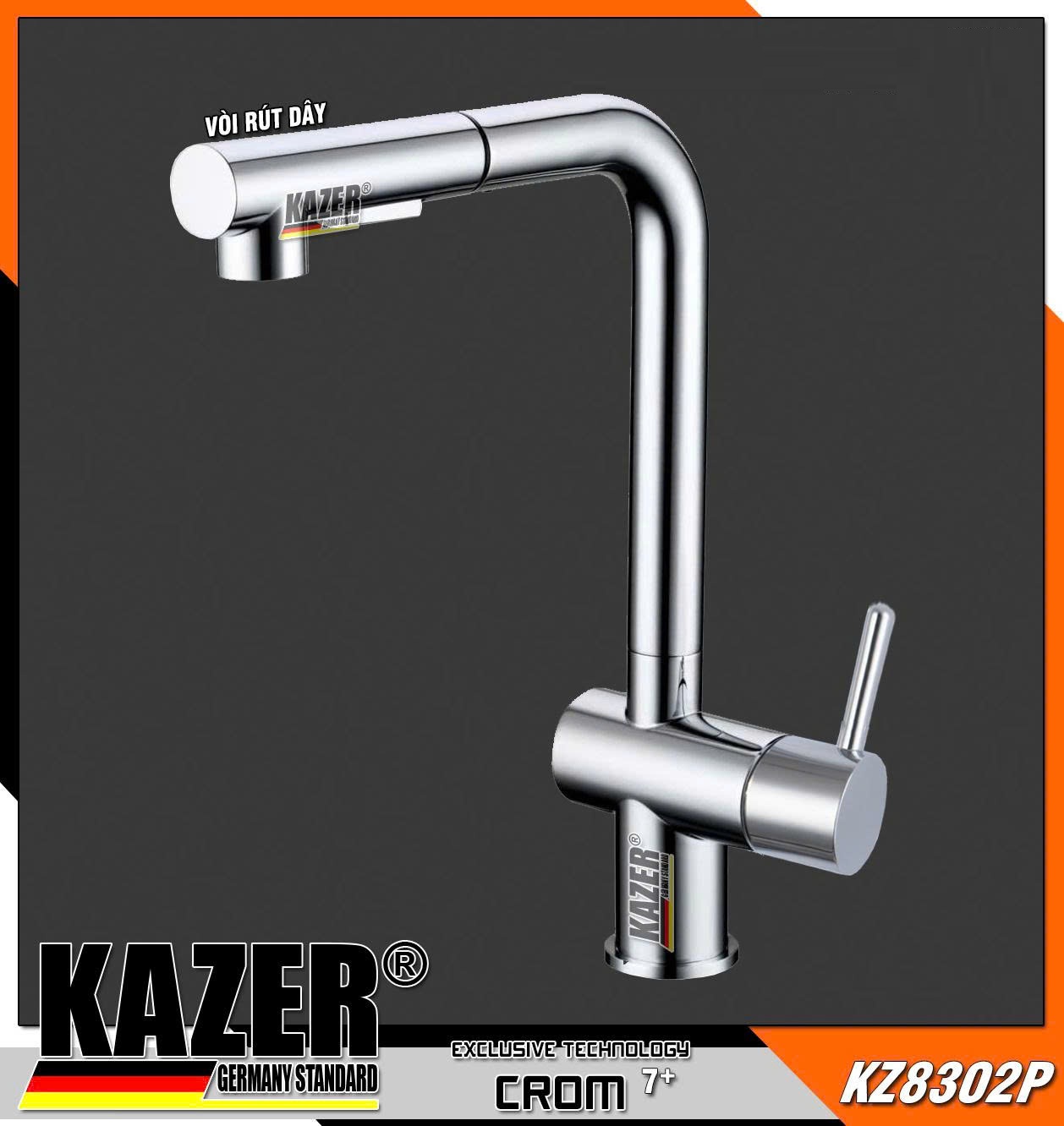 KZ8302P – VÒI RỬA CHÉN NÓNG LẠNH DÂY RÚT ĐỒNG MẠ CROME KAZER