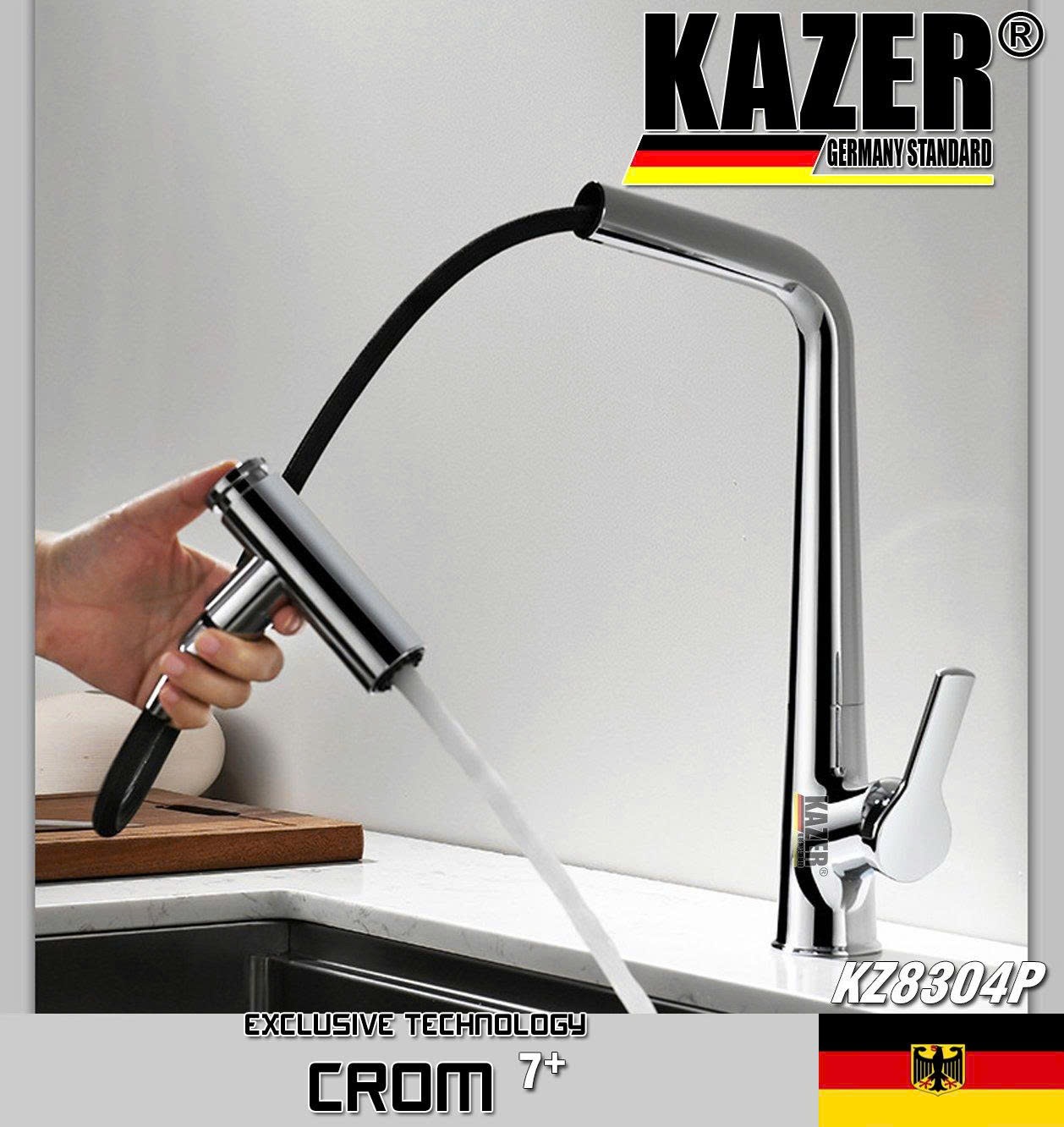 KZ8304P – VÒI RỬA CHÉN NÓNG LẠNH ĐỒNG THAU KAZER GERMANY, MẠ CROM 7+, MẪU DÂY RÚT ĐẦU BÚA