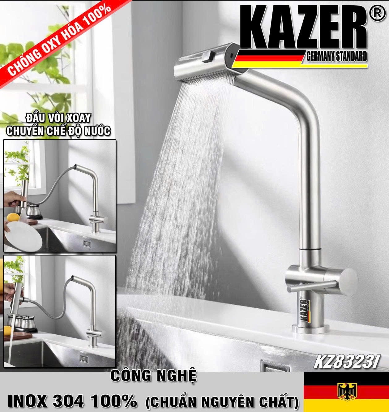 KZ8323I – VÒI RỬA CHÉN LẠNH DÂY RÚT INOX 304 100% CHUẨN NGUYÊN CHẤT KAZER – ĐẦU XOAY 3 CHỨC NĂNG