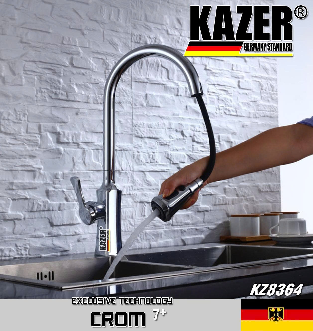 KZ8364 – VÒI RỬA CHÉN NÓNG LẠNH DÂY RÚT, MẠ CROM 7+ KAZER GERMANY