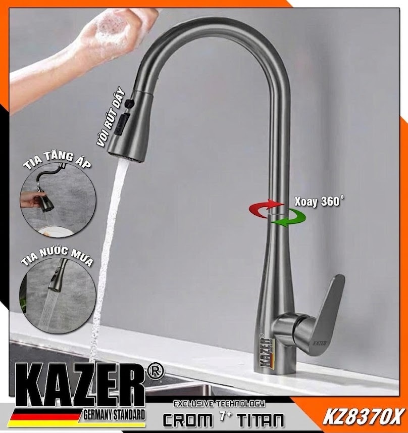 KZ8370X – VÒI RỬA CHÉN NÓNG LẠNH MÀU XÁM TITAN KAZER GERMANY , MẪU DÂY RÚT