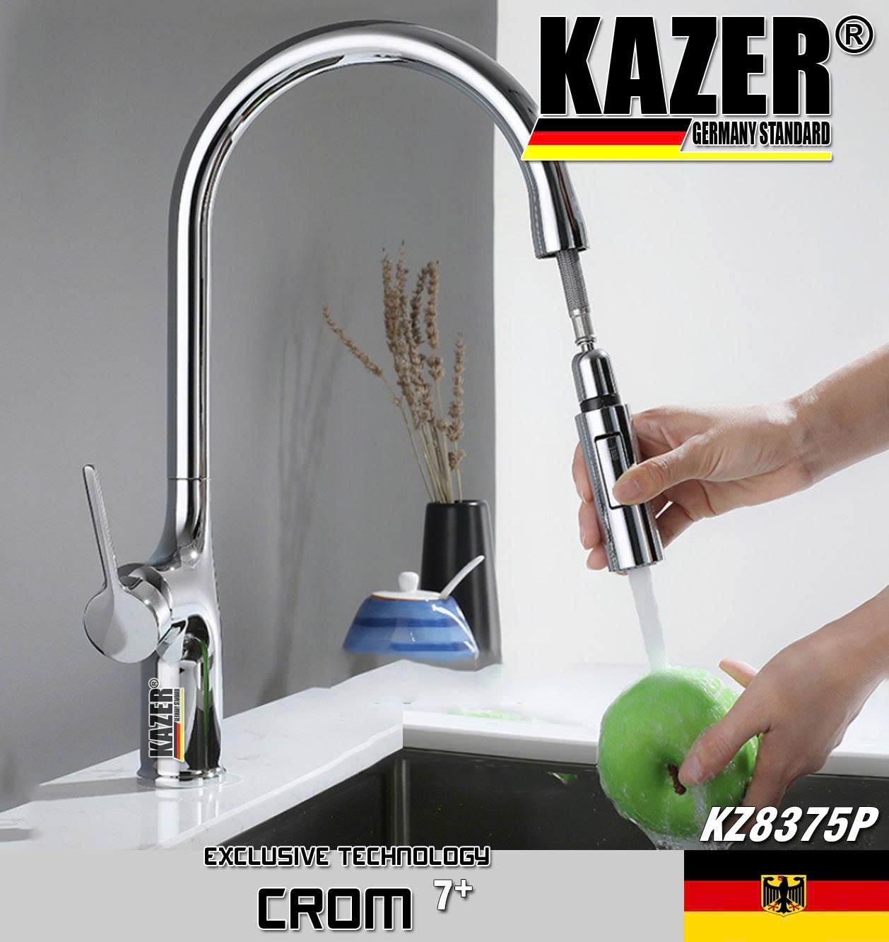 KZ8375P – VÒI RỬA CHÉN NÓNG LẠNH ĐỒNG THAU KAZER GERMANY, MẠ CROM 7+, MẪU DÂY RÚT