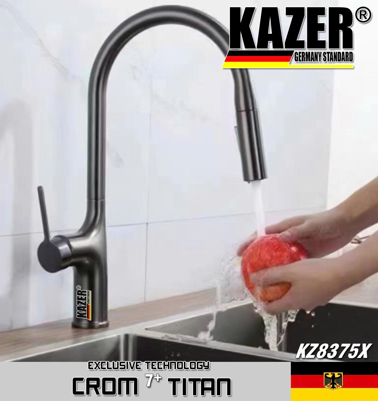 KZ8375X – VÒI RỬA CHÉN NÓNG LẠNH ĐỒNG THAU KAZER GERMANY, MẠ CROM 7+ TITAN , MẪU DÂY RÚT