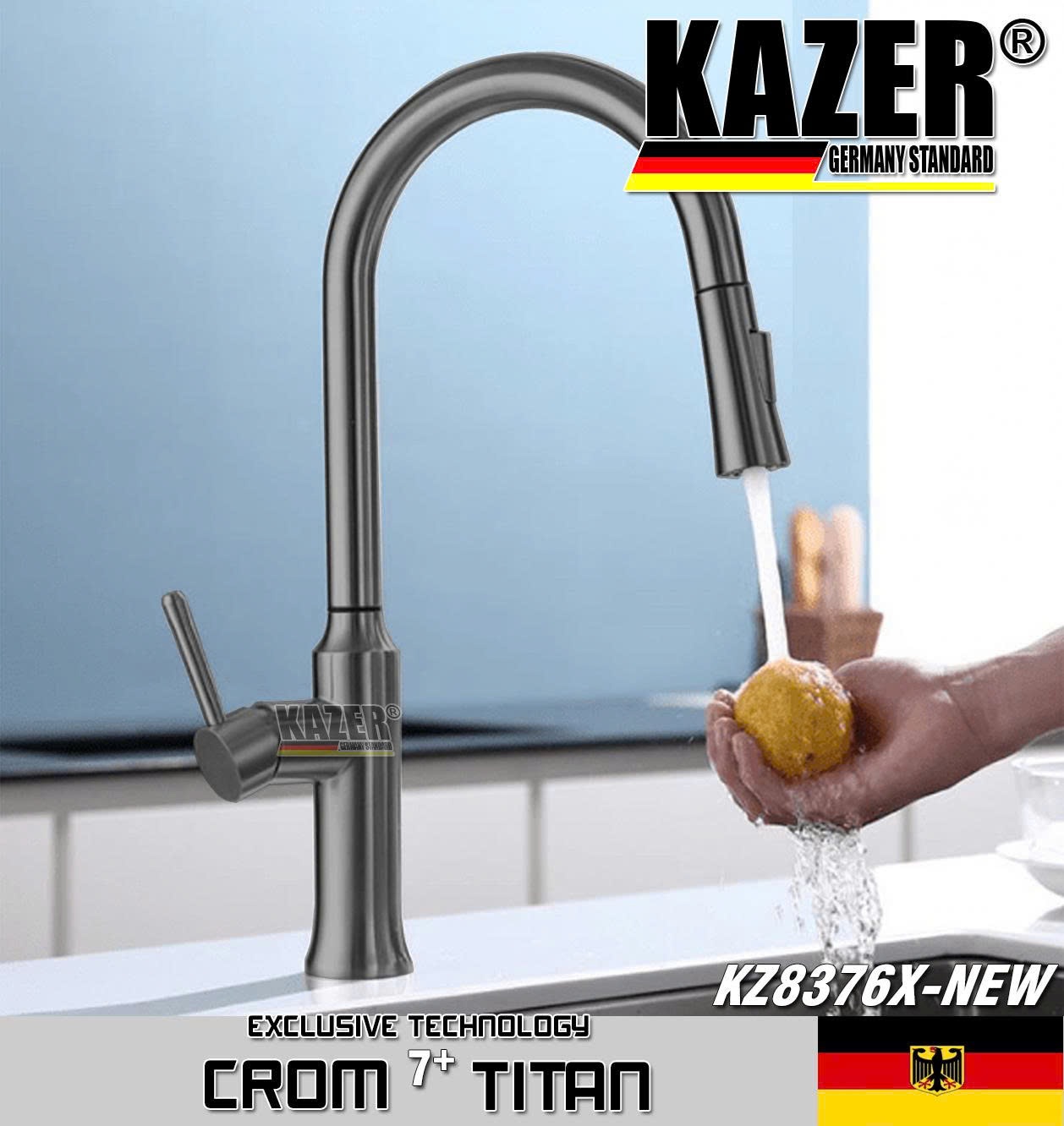 KZ8376X-NEW – VÒI RỬA CHÉN NÓNG LẠNH ĐỒNG THAU KAZER GERMANY, MẠ CROM 7+ TITAN , MẪU DÂY RÚT