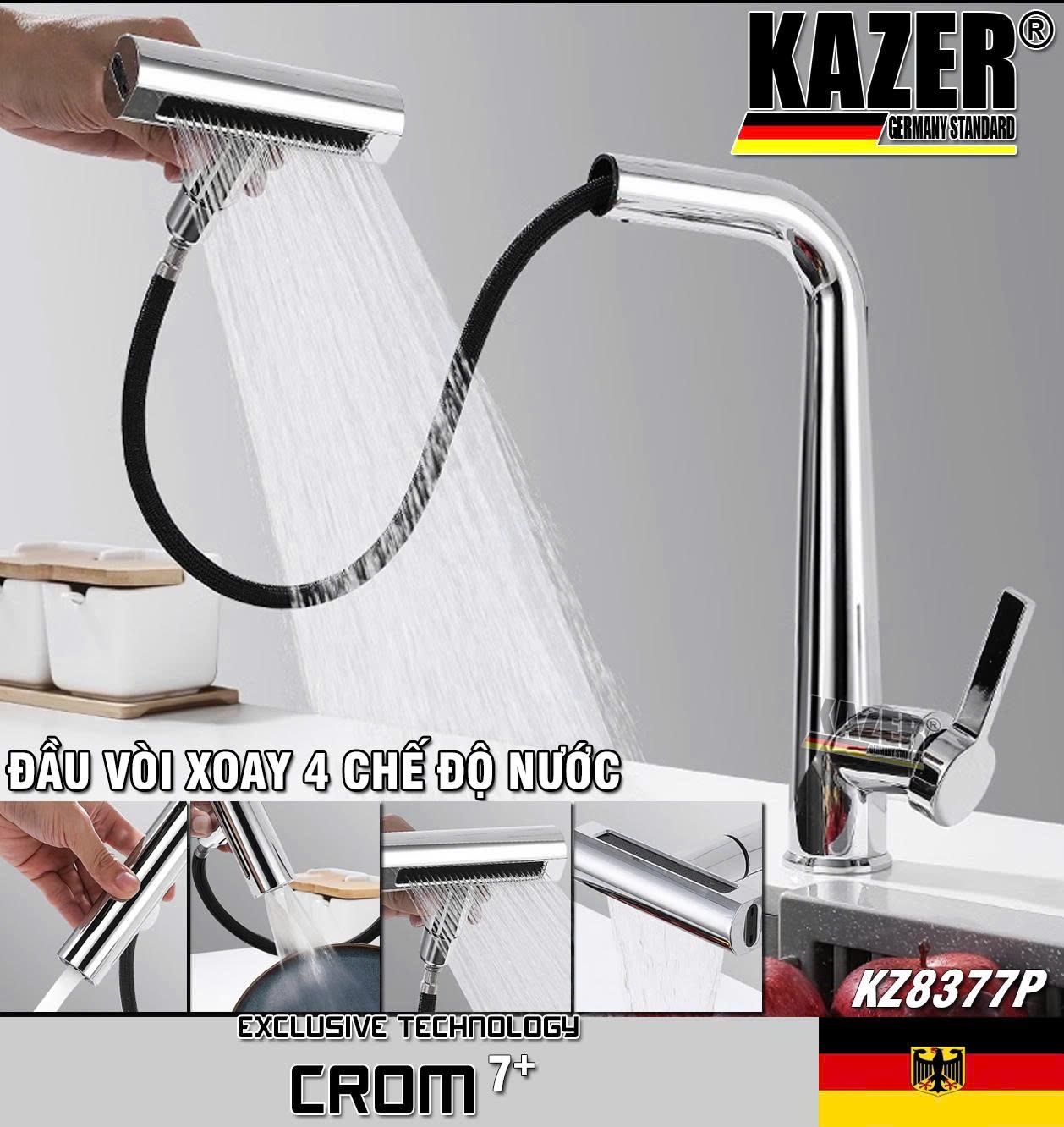 KZ8377P – VÒI RỬA CHÉN NÓNG LẠNH ĐỒNG THAU KAZER GERMANY, MẠ CROM 7+, MẪU DÂY RÚT