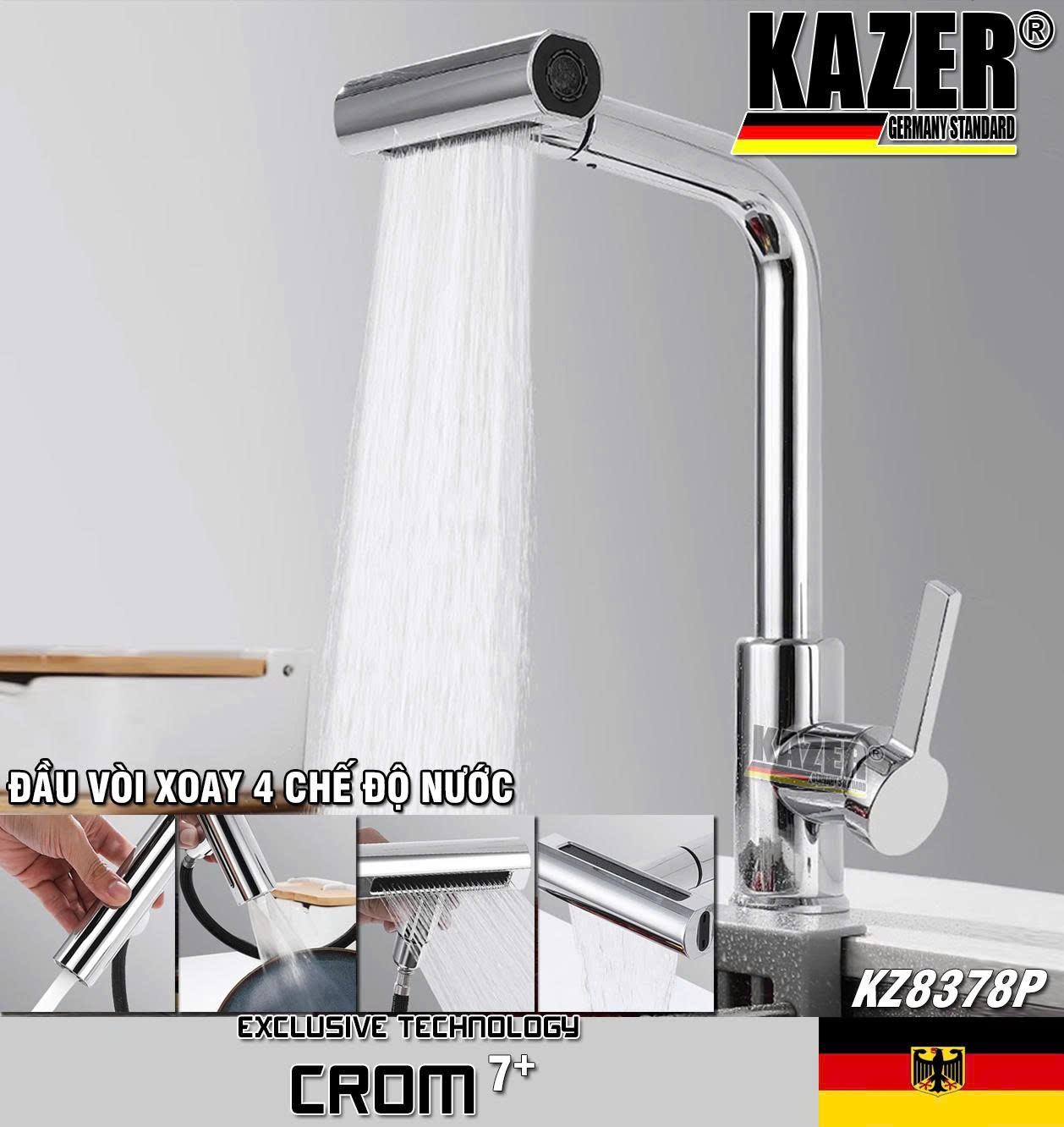 KZ8378P – VÒI RỬA CHÉN NÓNG LẠNH DÂY RÚT CROM 7+ KAZER – ĐẦU XOAY 3 CHỨC NĂNG