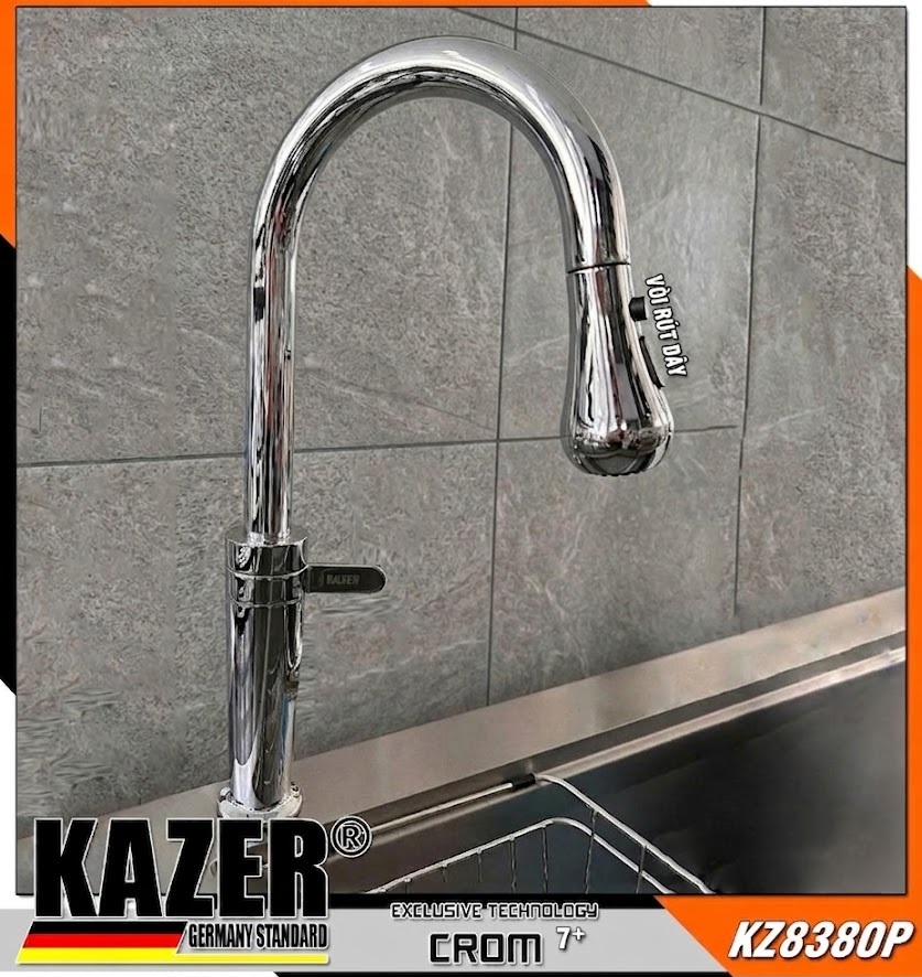 KZ8380P – VÒI RỬA CHÉN NÓNG LẠNH ĐỒNG THAU KAZER GERMANY, MẠ CROM 7+, MẪU DÂY RÚT