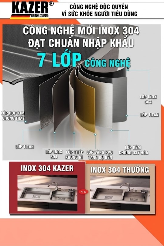 KZ7475M – BỒN RỬA CHÉN 1 HỘC KAZER, INOX ĐÚC NHẬP KHẨU 304 100%