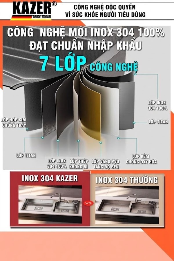KZ7470 – CHẬU RỬA CHÉN 1 HỘC KAZER, INOX 304 100% CHUẨN NGUYÊN CHẤT – XU HƯỚNG