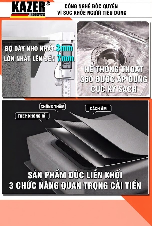 KZ7470 – CHẬU RỬA CHÉN 1 HỘC KAZER, INOX 304 100% CHUẨN NGUYÊN CHẤT – XU HƯỚNG