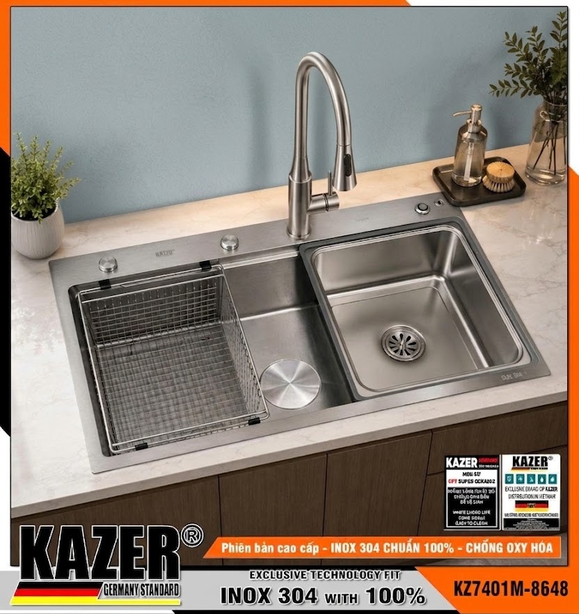 KZ7401M – BỒN RỬA CHÉN 1 HỘC KAZER, INOX ĐÚC NHẬP KHẨU 304 100%, PHỦ FULL CARBON, 86x48cm