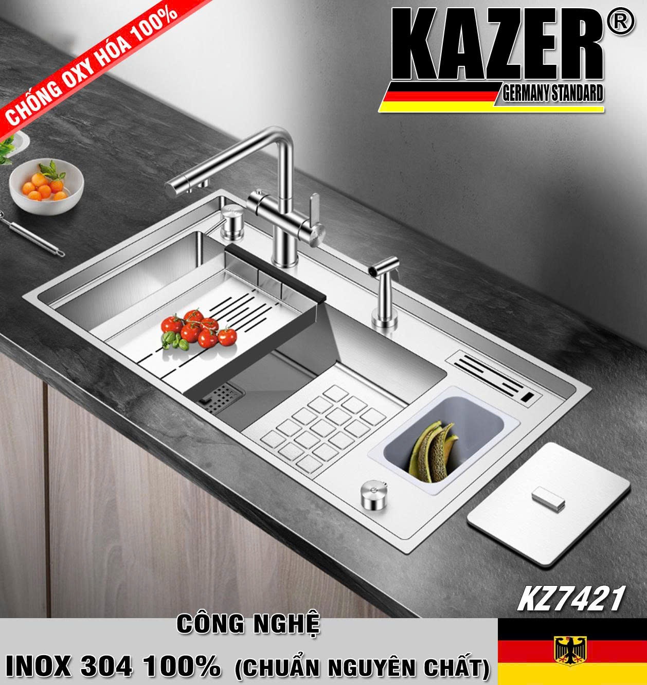 KZ7421 – CHẬU RỬA CHÉN 1 HỘC KAZER, INOX 304 100% CHUẨN NGUYÊN CHẤT – XU HƯỚNG
