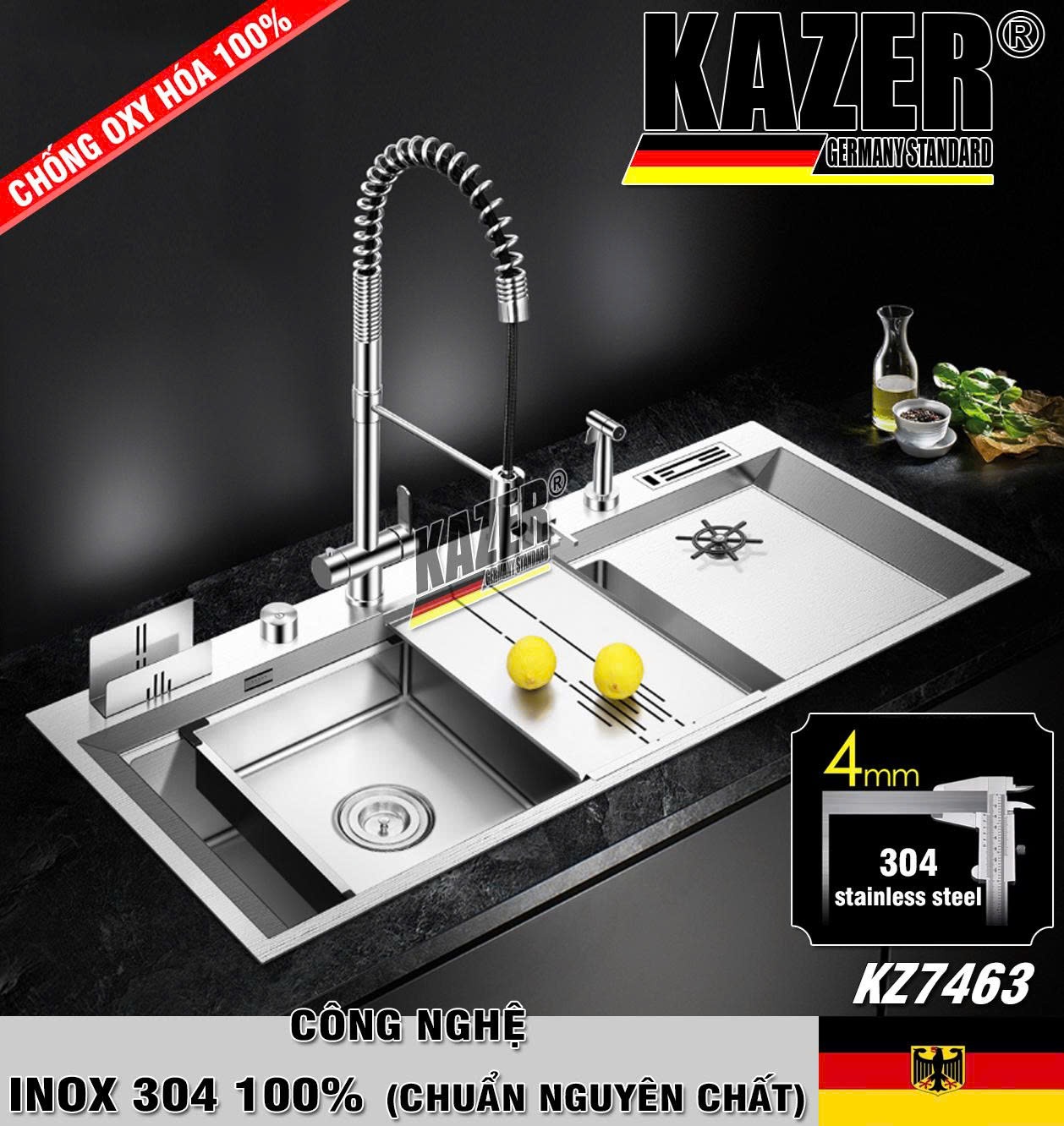 KZ7463 – CHẬU RỬA CHÉN 1 HỘC KAZER, INOX 304 100% CHUẨN NGUYÊN CHẤT – XU HƯỚNG