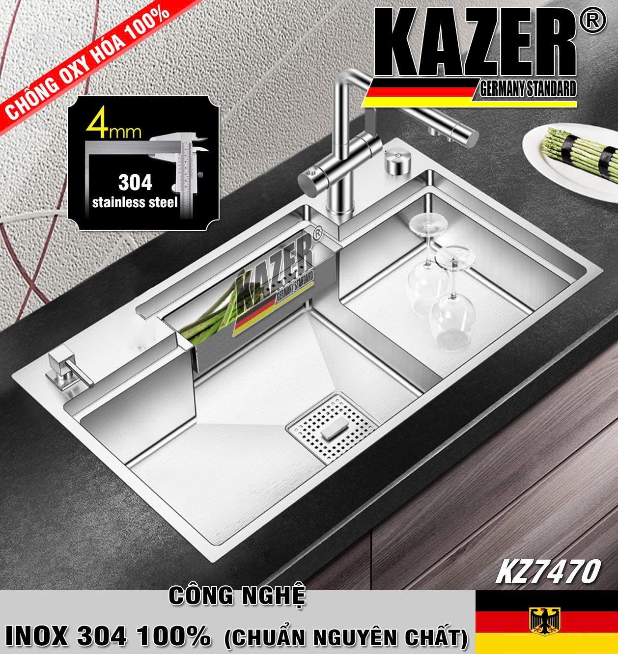 KZ7470 – CHẬU RỬA CHÉN 1 HỘC KAZER, INOX 304 100% CHUẨN NGUYÊN CHẤT – XU HƯỚNG