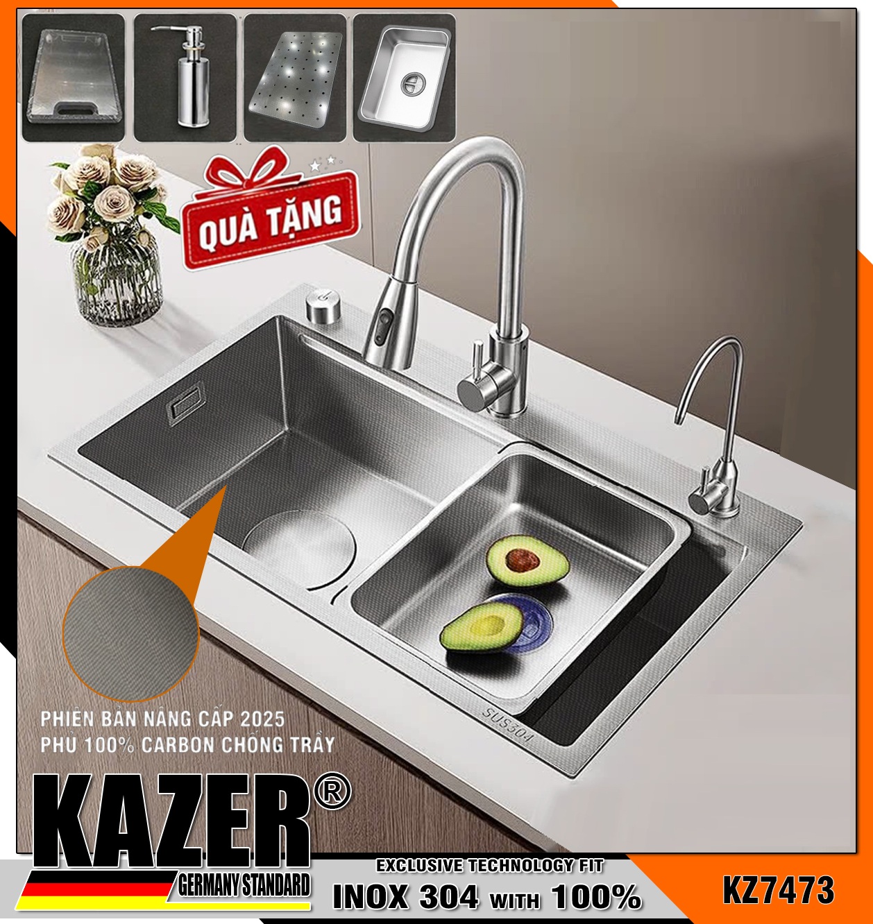KZ7473 – BỒN RỬA CHÉN 1 HỘC KAZER, INOX ĐÚC NHẬP KHẨU 304 100%, PHỦ FULL CARBON