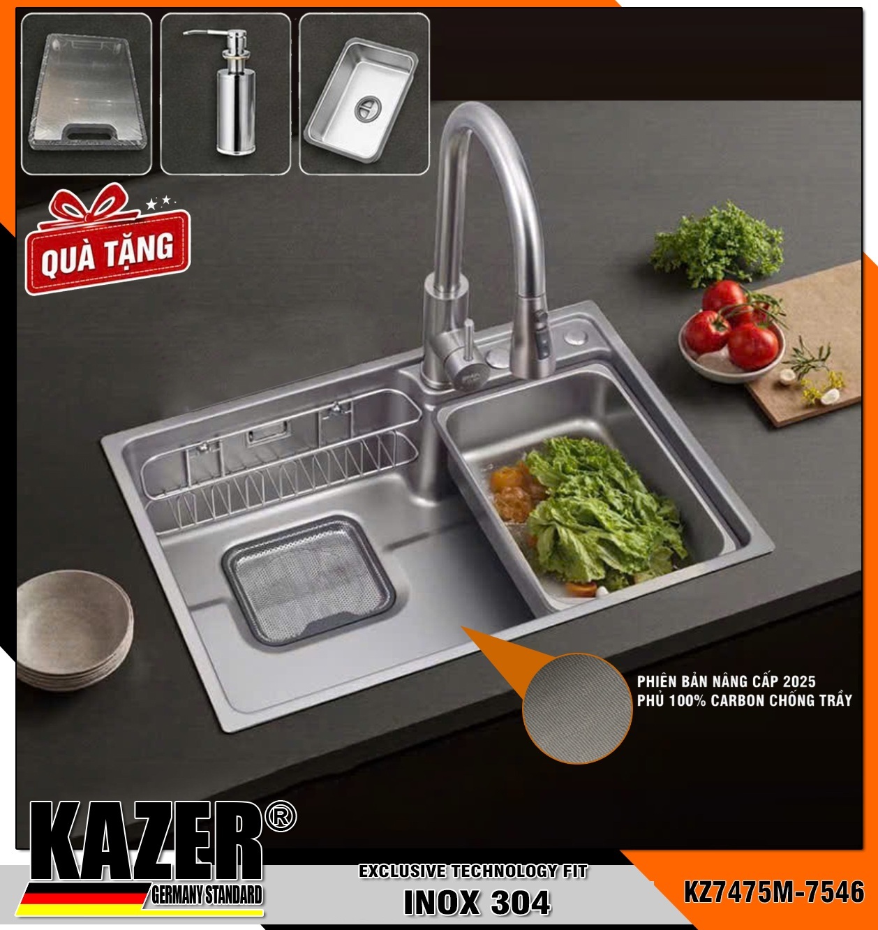 KZ7475M – BỒN RỬA CHÉN 1 HỘC KAZER, INOX ĐÚC NHẬP KHẨU 304 100%