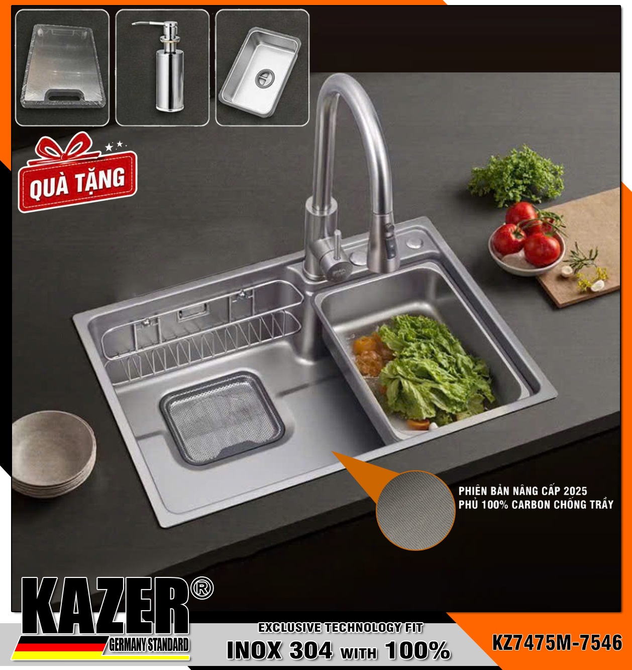 KZ7475M – BỒN RỬA CHÉN 1 HỘC KAZER, INOX ĐÚC NHẬP KHẨU 304 100%