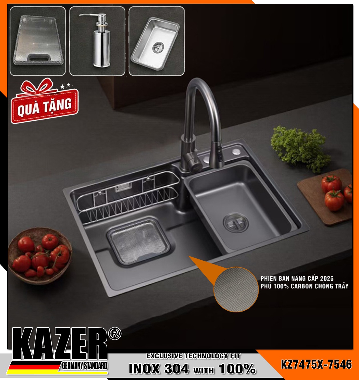 KZ7475X – BỒN RỬA CHÉN 1 HỘC KAZER, INOX ĐÚC NHẬP KHẨU 304 100%