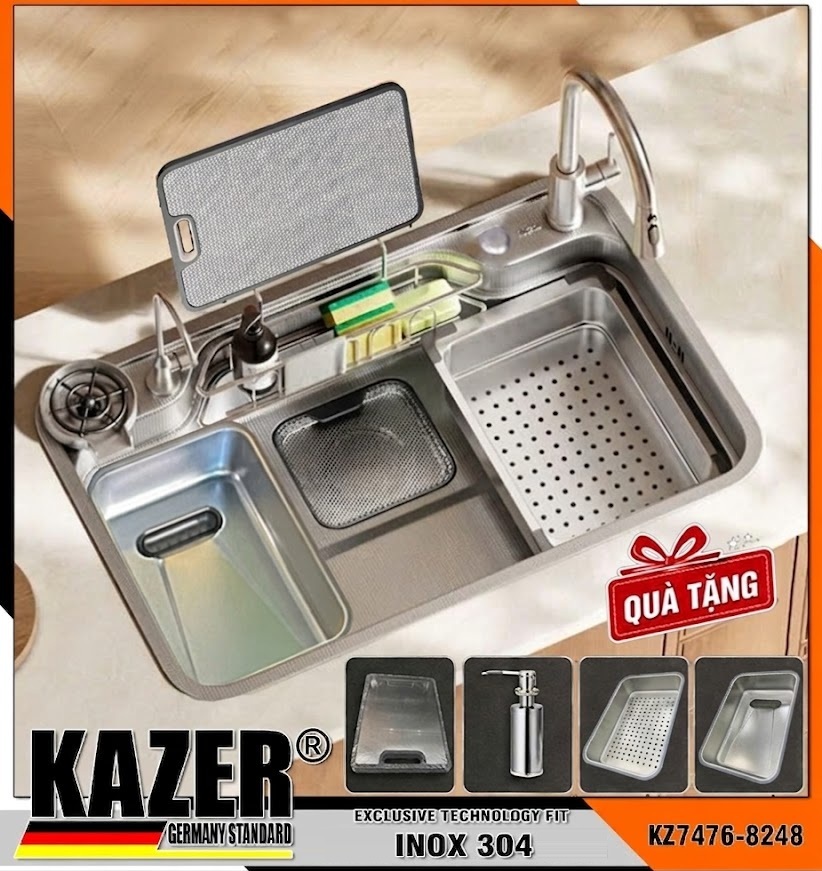 KZ7476 – BỒN RỬA CHÉN 1 HỘC KAZER, INOX ĐÚC NHẬP KHẨU 304 100%