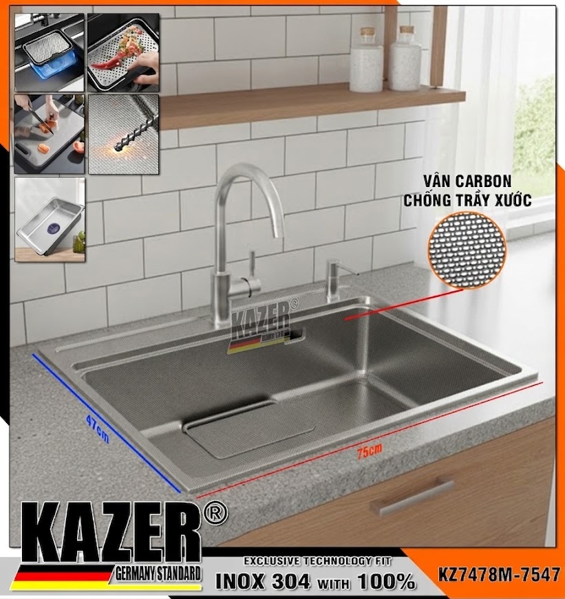 KZ7478M -7547- BỒN RỬA CHÉN 1 HỘC KAZER, INOX MỜ ĐÚC NHẬP KHẨU 304 100%