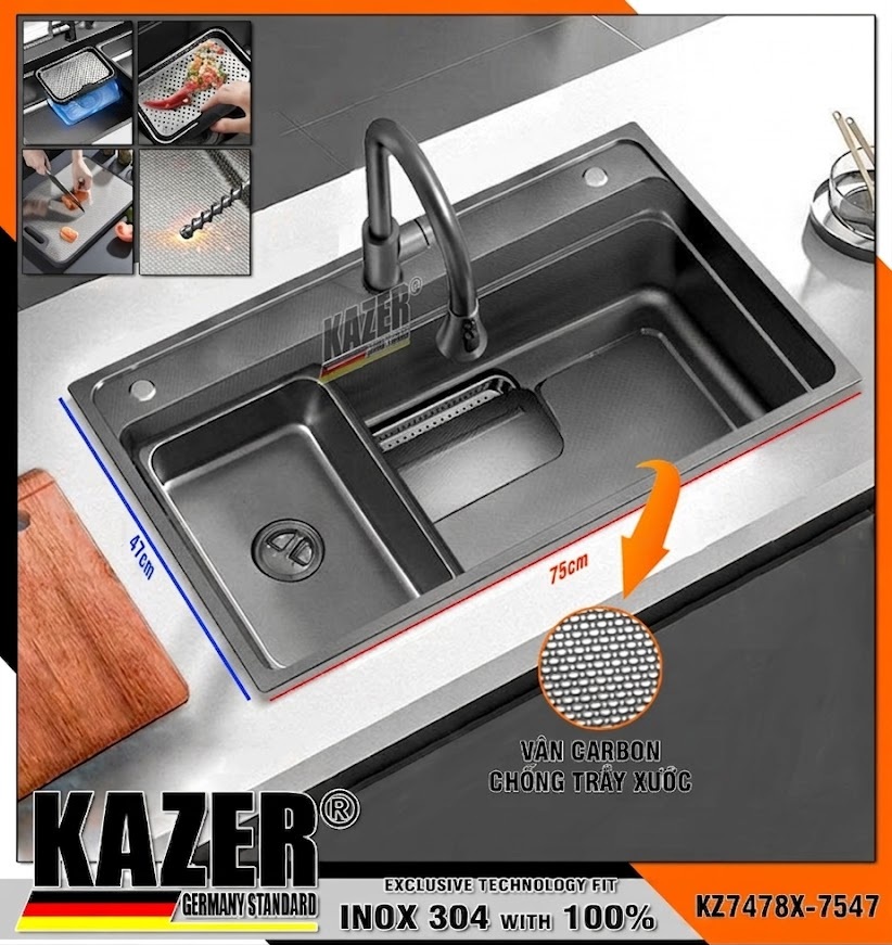 KZ7478X -7547- BỒN RỬA CHÉN 1 HỘC KAZER, INOX ĐÚC NHẬP KHẨU 304 100%