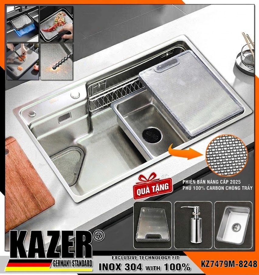 KZ7479M -8248- BỒN RỬA CHÉN 1 HỘC KAZER, INOX ĐÚC NHẬP KHẨU 304 100%