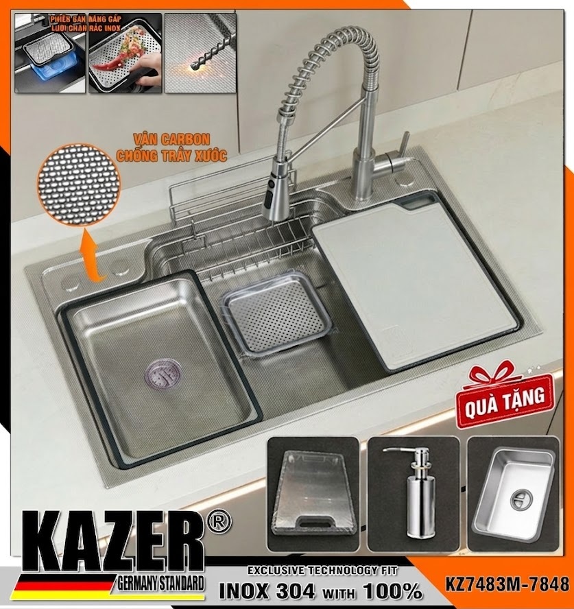 KZ7483M-7848 – CHẬU CHÉN 1 HỘC CÓ VÂN CARBON CHỐNG TRẦY, TẶNG KHAY INOX + INOX MỜ , DẦY 5mm ,Size 780x480mm