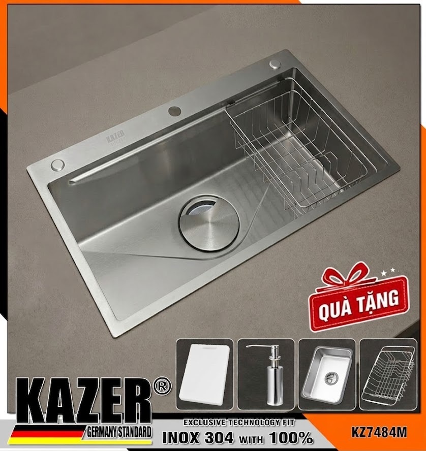 KZ7484M-9050 – CHẬU RỬA CHÉN 1 HỘC KAZER, INOX 304 100% CHUẨN NGUYÊN CHẤT