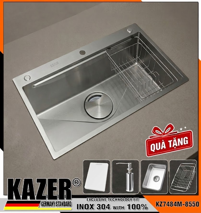 KZ7484M – CHẬU RỬA CHÉN 1 HỘC KAZER, INOX 304 100% CHUẨN NGUYÊN CHẤT
