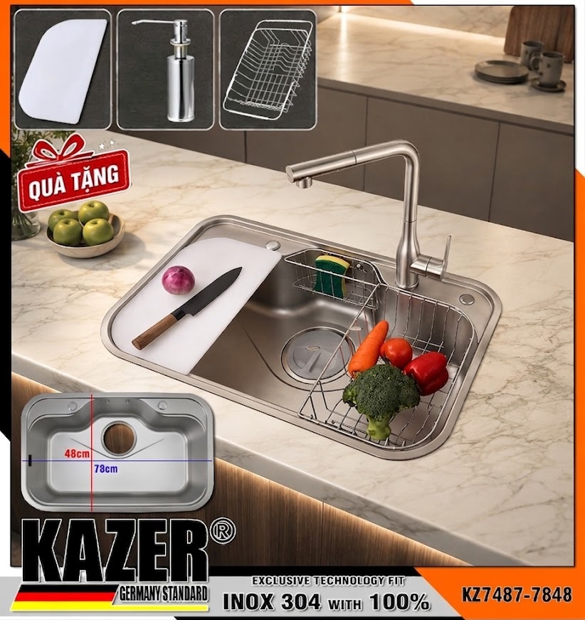 KZ7487-7848 – BỒN RỬA CHÉN 1 HỘC KAZER – INOX 304 CHUẨN 100% – KT 780x480mm (Thớt nhựa + Rổ đang năng inox + Bình xà bông inox)